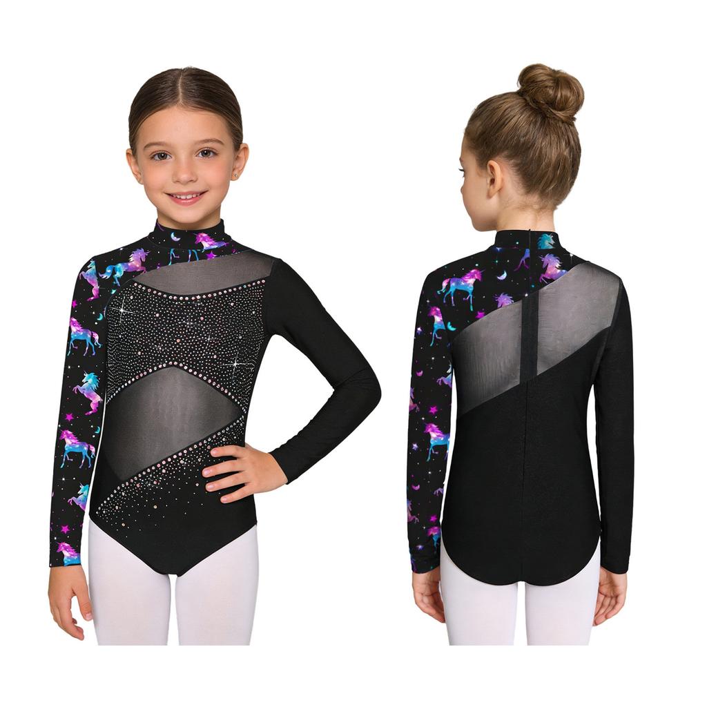 Maillot de gymnastique et de danse pour filles: Body à col montant, manches longues, fermeture éclair invisible au dos, empiècements en résille, imprimé papillon, strass brillants