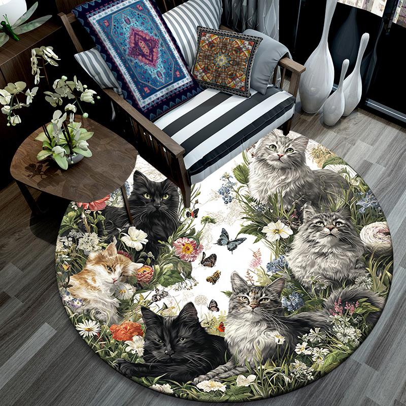 Cats Flowers Round Area Rug,Carpet Rug for Living Room Bedroom Sofa Playroom Decor,Non-slip Floor Mat