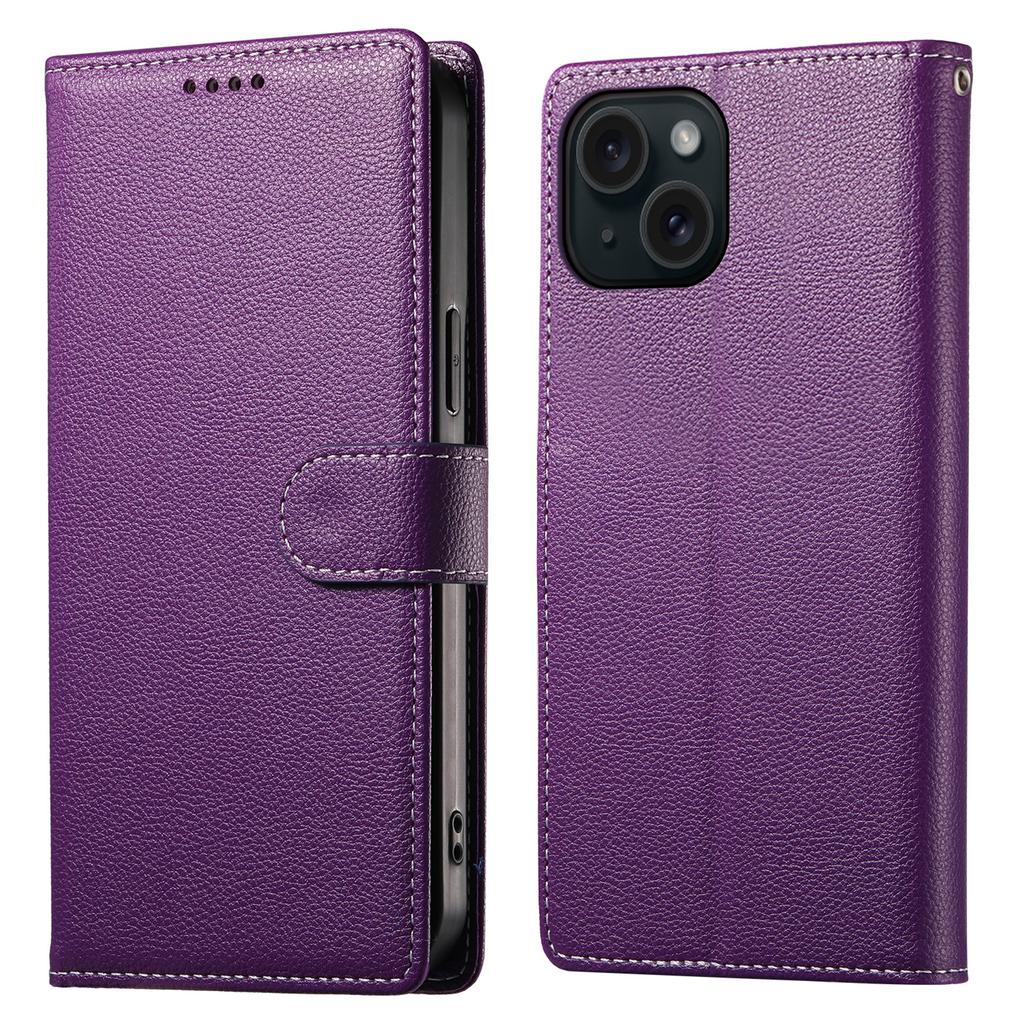 DF-012 For iPhone 15 Case Litchi Texture Leather Magnetic Clasp Wallet Stand Phone Cover