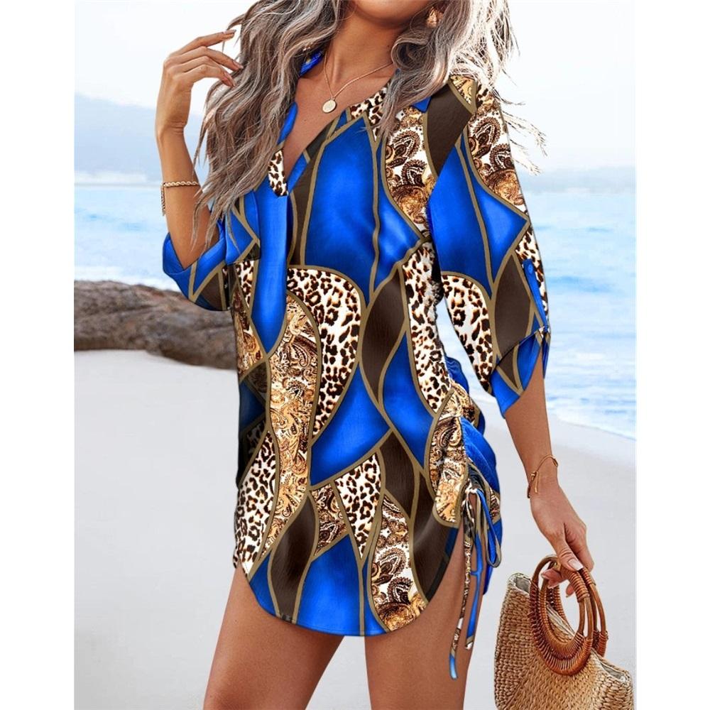 Women's Casual Long-sleeved V-neck Printed Drawstring Short Dress On Both Sides
