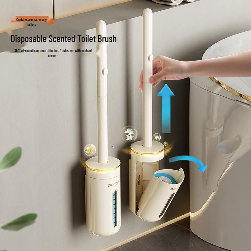 Wall-Mounted Disposable Toilet Brush with Replacement Heads - Household Cleaning Essential