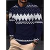 Men Navy Blue Vintage Fair Isle Chevron Geometric Pattern Long Sleeve Crew Neck T-Shirt, Nordic Ethnic Casual Loose Tee Tops