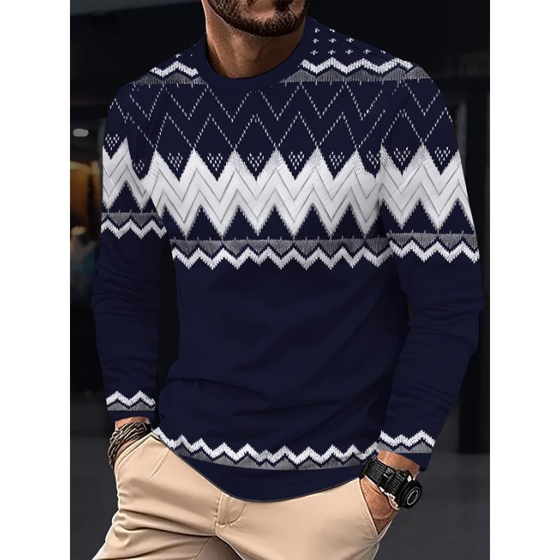 Men Navy Blue Vintage Fair Isle Chevron Geometric Pattern Long Sleeve Crew Neck T-Shirt, Nordic Ethnic Casual Loose Tee Tops