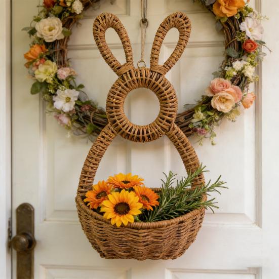 Hanging Wall Pocket Handwoven Wicker Easter Bunny Basket Rustic Charm Unlined Basket Flowers Eggs Gifts Indoor Outdoor Seasonal Decor