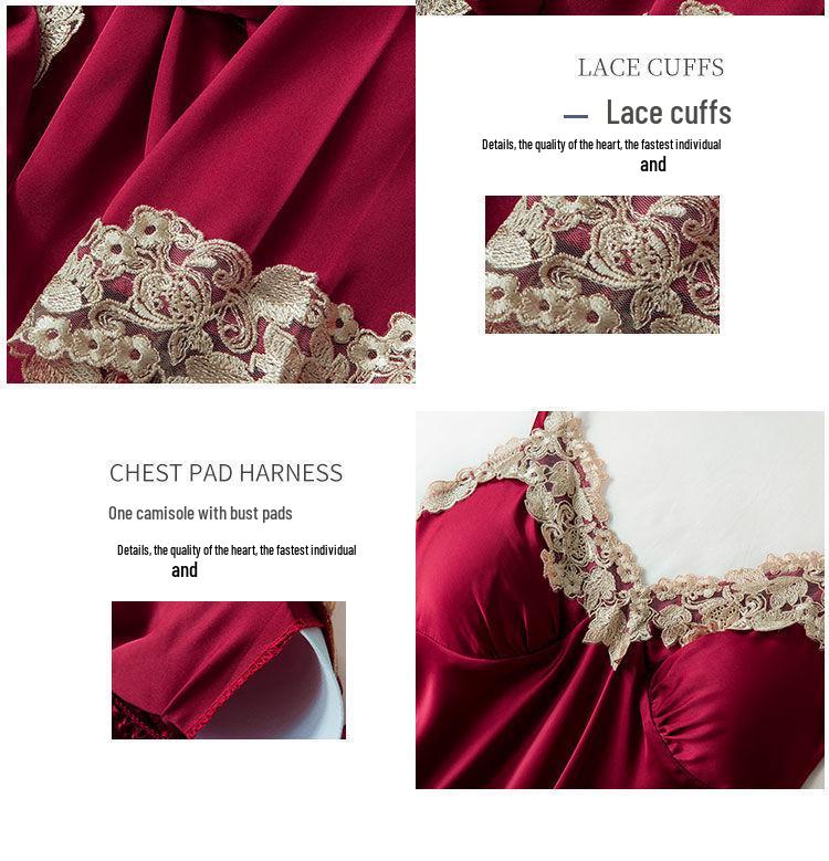 Women's Silk Five-Piece Pajama Set: Spring/Autumn Nightdress & Robe with Chest Pad