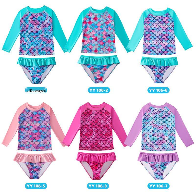 Girls' Long Sleeve Fish Scale Swimsuit Set with Sunscreen Protection