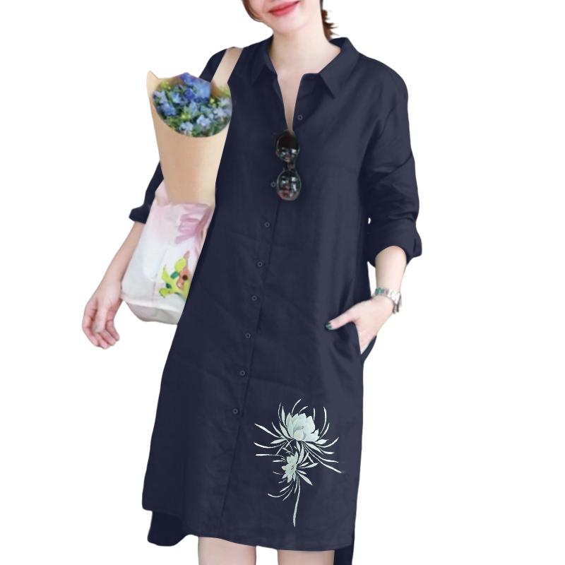 

ZANZEA Женское повседневное платье-рубашка с отложным воротником, свободного кроя, с длинным рукавом и принтом 3XL тёмно-синий