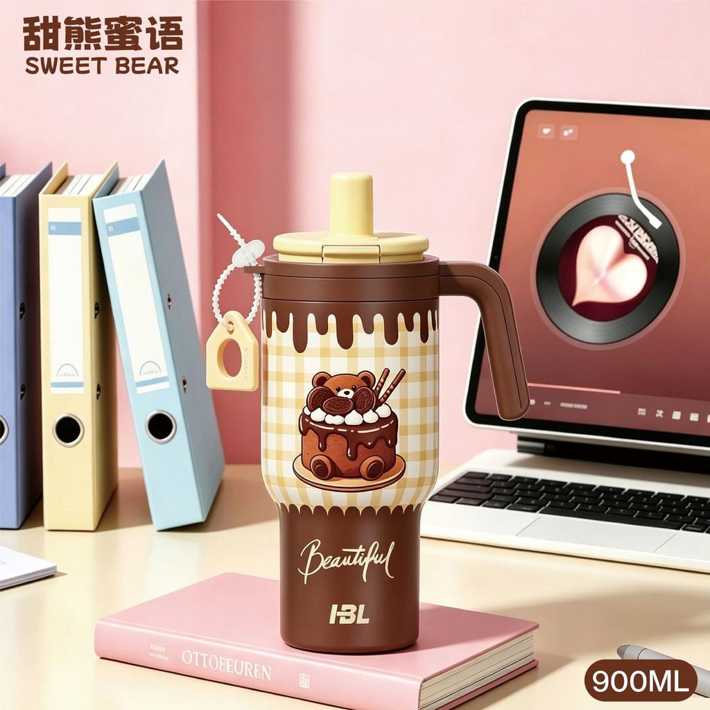 Water bottle Stainless steel thermos cup Male and female students handle straw cup Large capacity ice cup