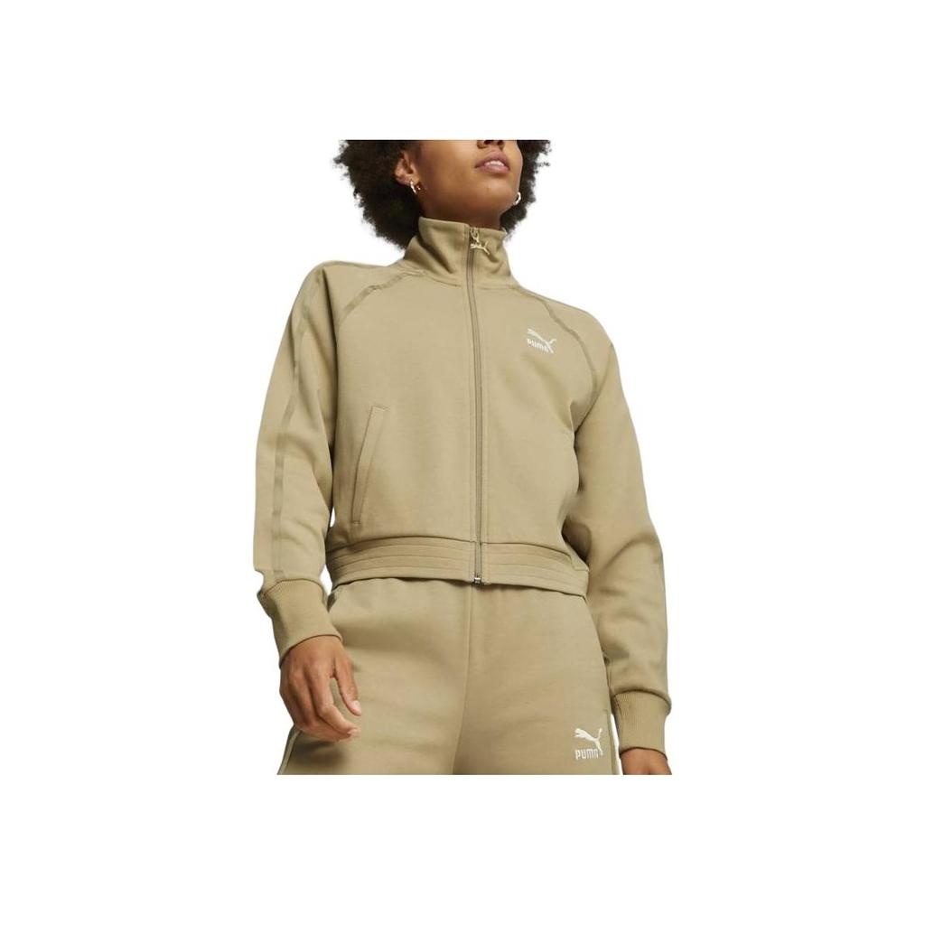 Puma T7 Track Jacket Letter Print Stand Collar Casual Sports Jacket Women Jacket Khaki 621464-84