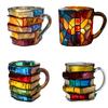 Painted Book Stack Mug Book-Shaped Glass Coffee Mug 11oz Unique Literary Mug Gifts for Book Lovers Office