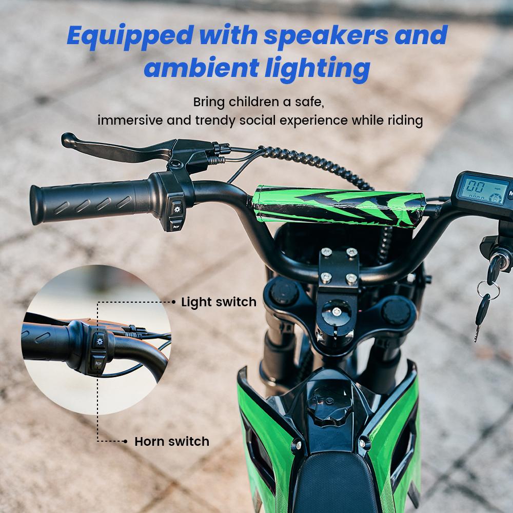 A14 Kids ELECTRIC DIRT BIKE 14 Inch 500W Motor 36V5.2Ah Battery 20-22km Range Shock Absorption, Bluetooth LED Lights