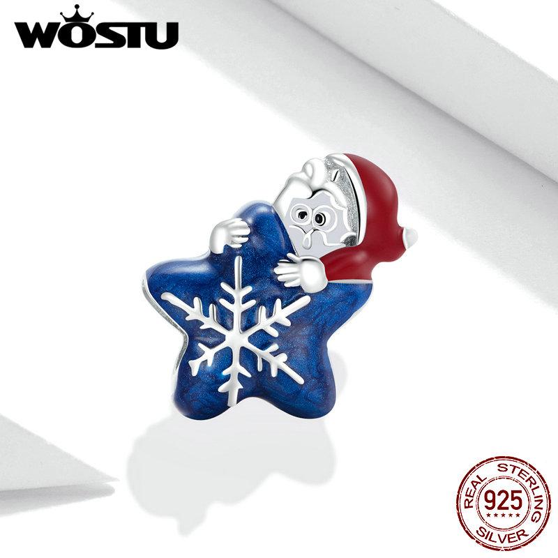 WOSTU 100% 925 Sterling Silver Christmas Tree Bead CZ Santa Claus Charm Snowman Pendant DIY Bracelet Necklace Original Jewelry