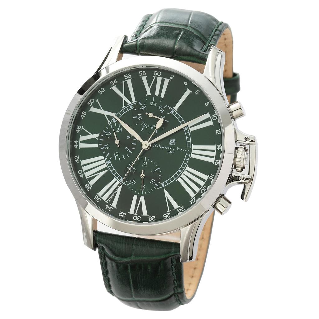 Salvatore Marra Herren Quarz Analoguhr mit grünem Lederarmband, Casual Business Stil, inklusive Uhrentuch (SSGR)