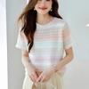 Women's Pastel Rainbow Striped T-Shirt Casual Crew Neck Short-Sleeve Slim Fit Knit Top