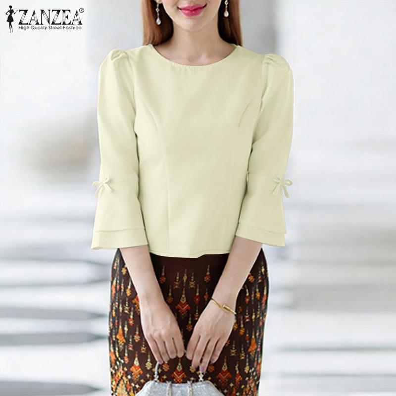 ZANZEA Women Casual Round Neck Solid Color 3/4 Sleeve Blouse