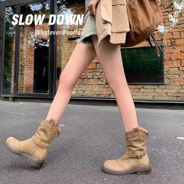 Retro belt buckle flat bottom rivet western boots knight boots short boots women's 2025 summer new British Martin boots single boots