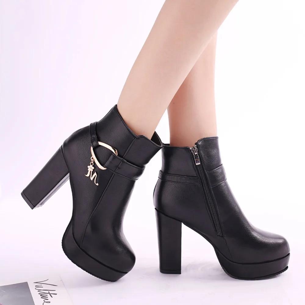 European and American Autumn and Winter Plus Plus Thick Heel High-heeled Women's Short Boots with Plush Warm Leather Boots