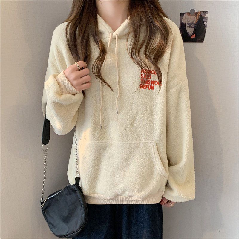 Cross-border real shot hooded fleece thickened 300g lamb fleece furry sweater women's Korean version autumn and winter warm jacket