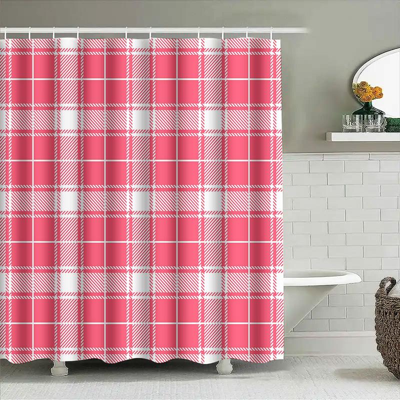 Country Style Red Checkered Shower Curtain Waterproof Bath Rug Cover Decorative Liner For Bathroom Large Size (230X180Cm)
