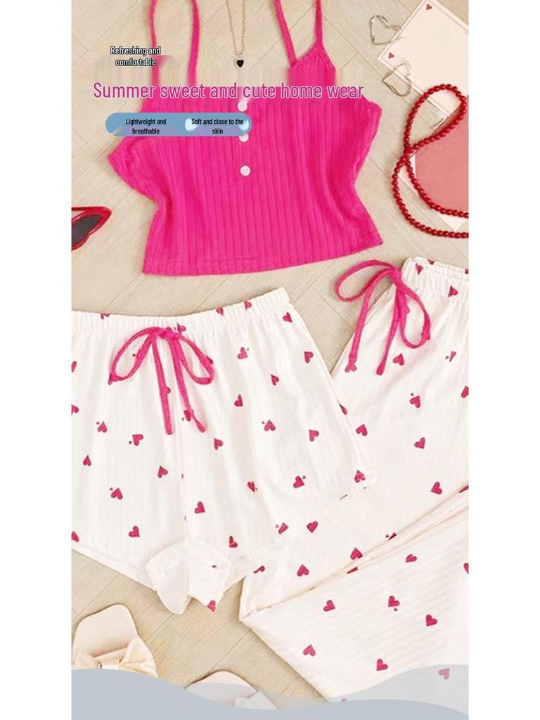 Damen Pfirsich Herz Süßes Sommer Dreiteiliges Pyjama-Set - Kindliches Spaghettiträger Sexy Loungewear