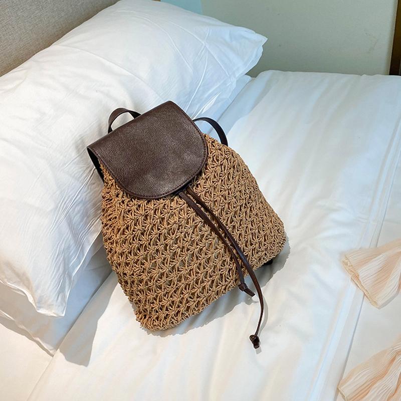 Rucsac de plajă pentru femei cu șnur din paie, capacitate mare