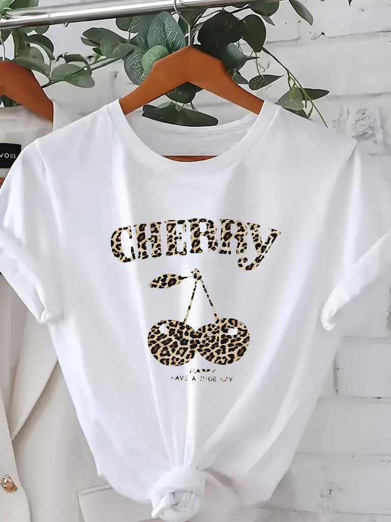 European Sizes Leopard Print, Casual Crew Neck, Medium Stretch Fabric, Fashion Top with Applique Detail, Autumn Casual Wear