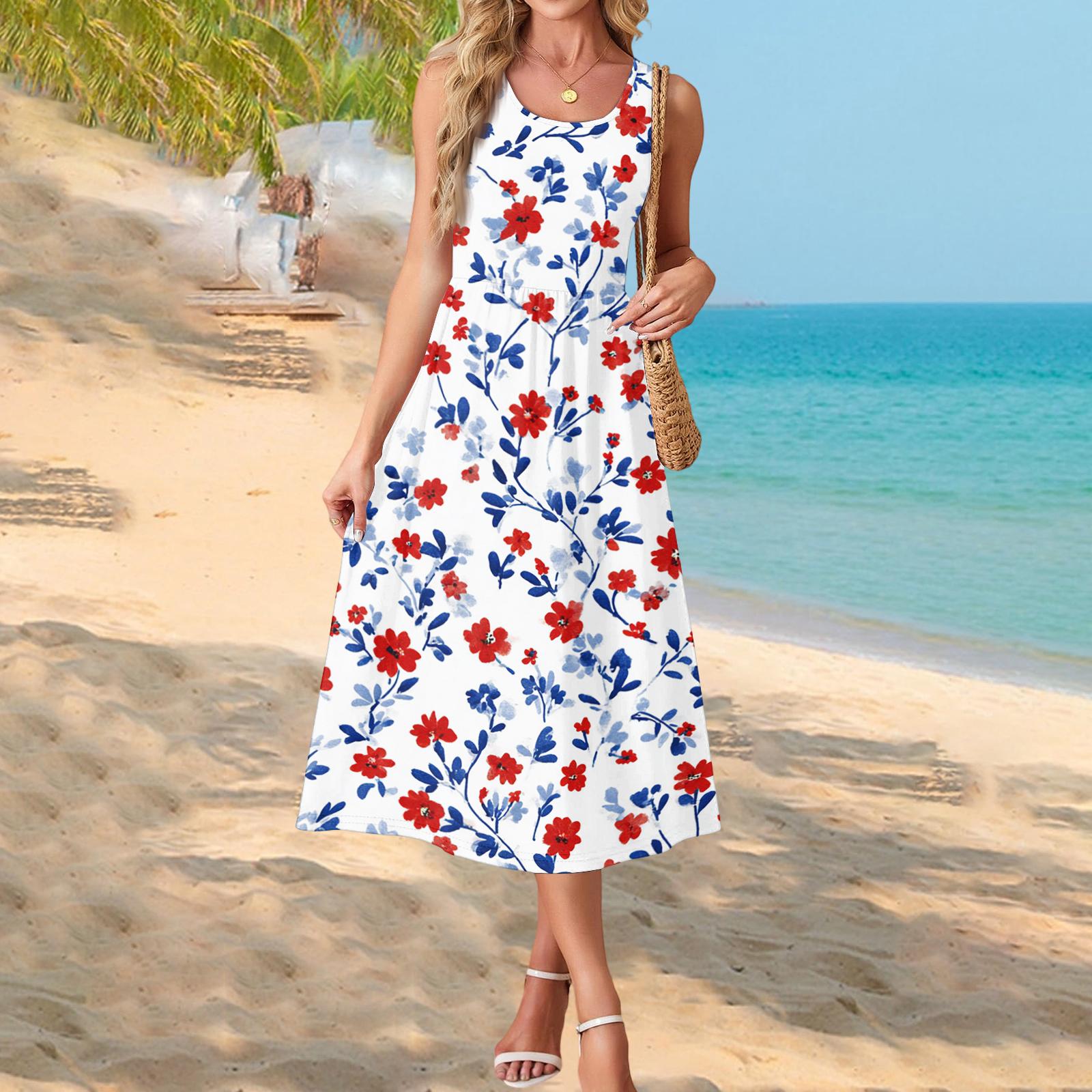 

Fashionable women s summer dress with floral print, flowy casual , perfect for beach vacations, sundress with pockets. L синий