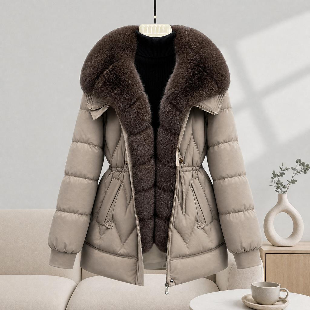 Korean light luxury big fur collar waist down cotton clothes women's burgundy thickened warm hooded mother jacket factory