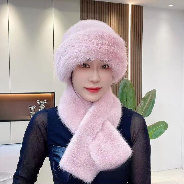 Imitation Mink Hair Winter Women's Scarf Mongolian Hat Plush Hat Set Windproof Thickened Warm Fashionable Ear Hat
