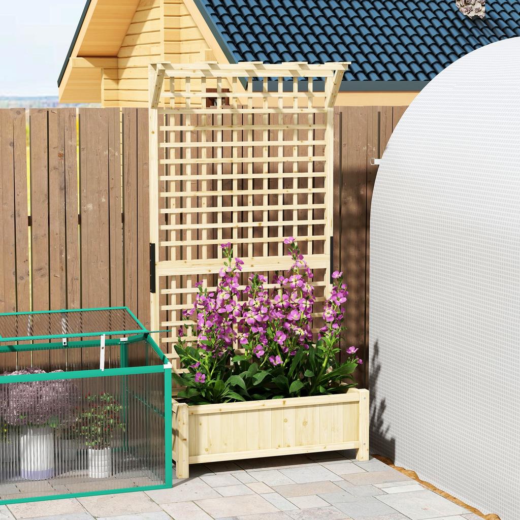 Raised Bed with Drainage Holes, Wood Planter with Trellis for Climbing Plants To Grow Vegetables, Flowers, Natural
