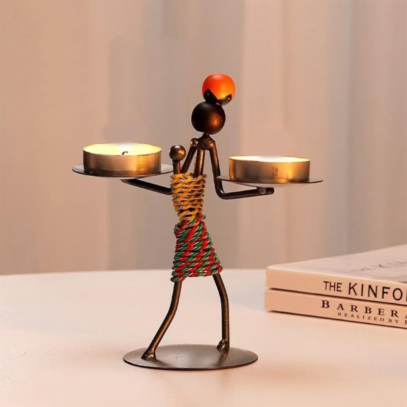 Iron African Tribal Lady Figurine Tealight Candle Holders Decorative Art Piece Ornament For Home Office Tabletop Display