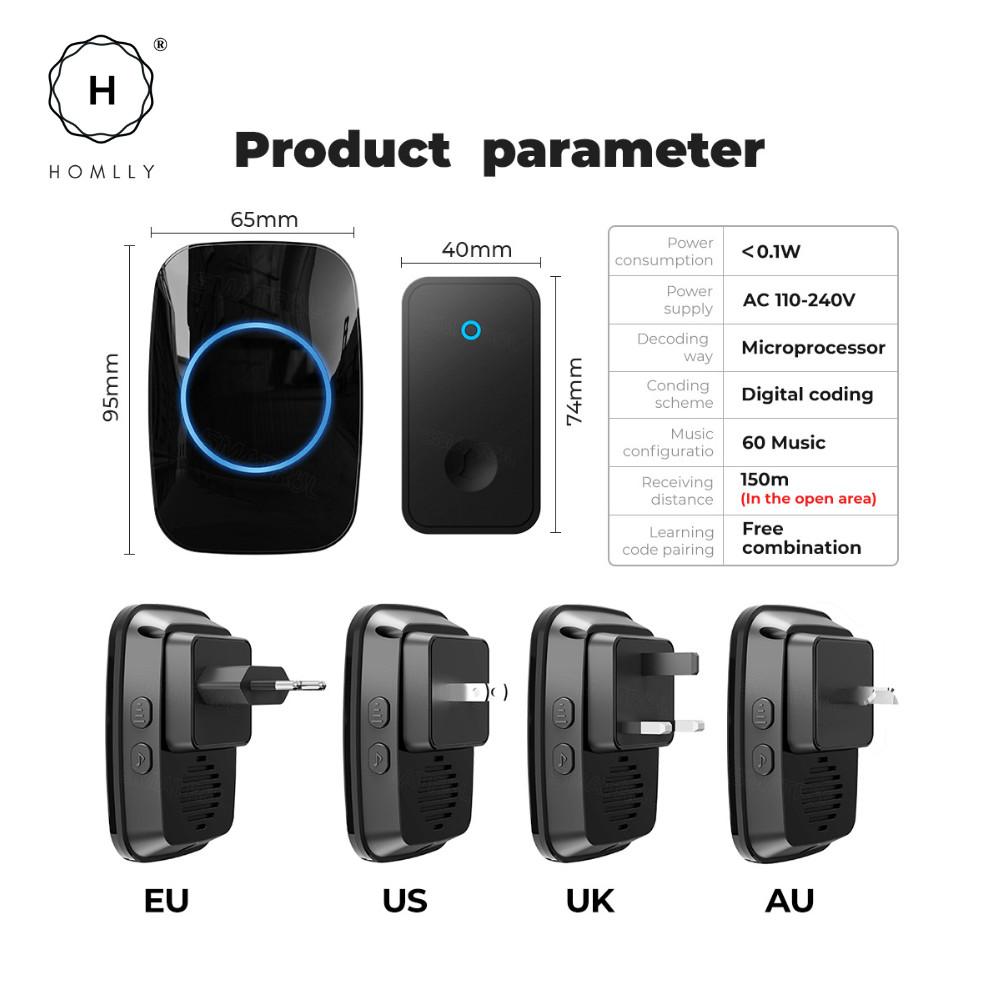 HOMLLY Self-Powered Wireless Waterproof Electric Door Bells with 60 Chimes & 5-Level Volume LED Flash