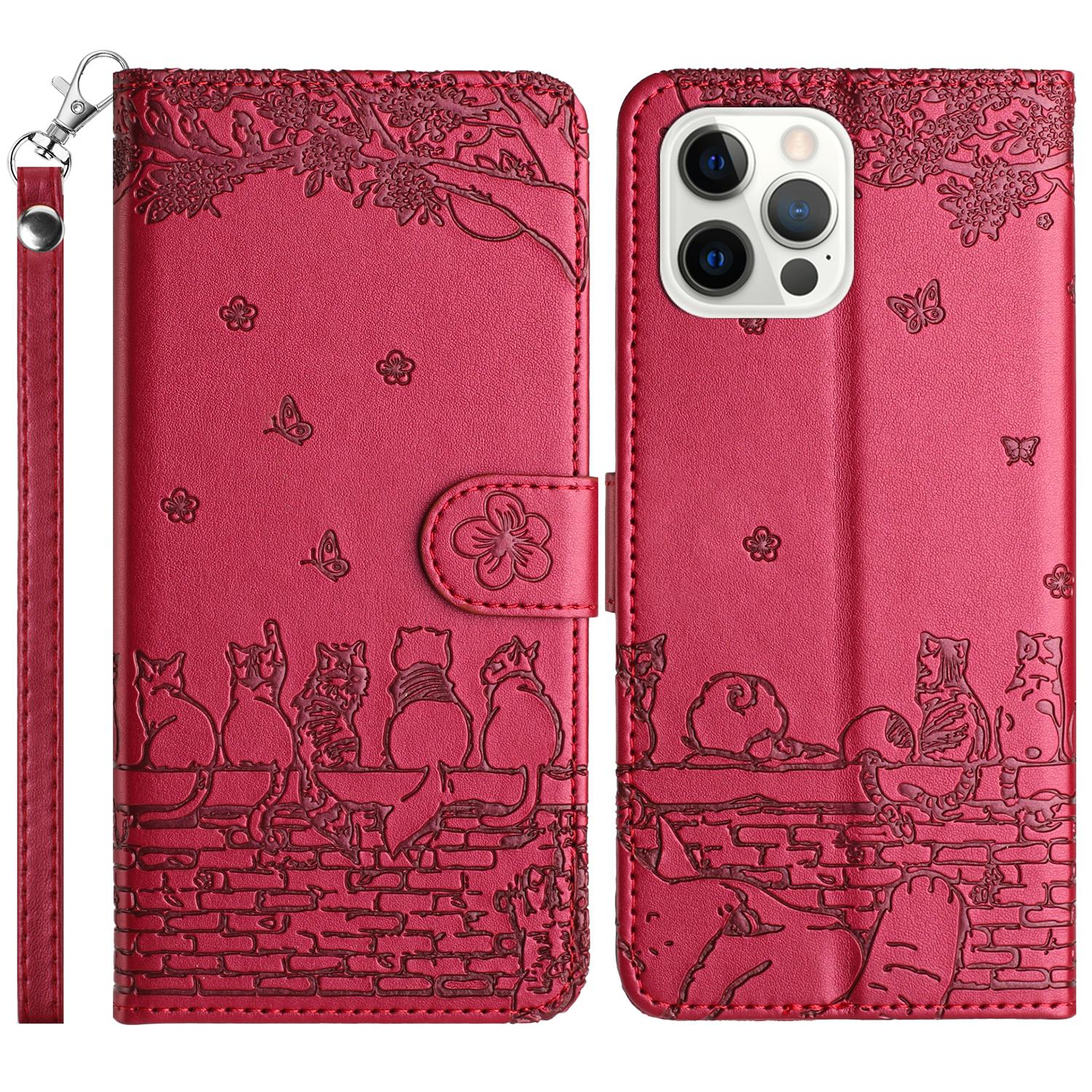 

For iPhone 16 Pro Case with Wrist Strap Leather Phone Cover Wall Cats Pattern Red