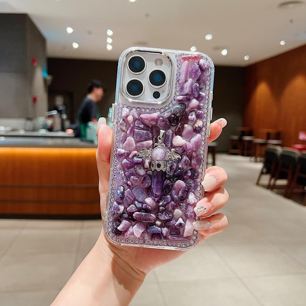 Ręcznie robione etui na telefon z naturalnego kryształu w kształcie berła dla serii iPhone 11-17