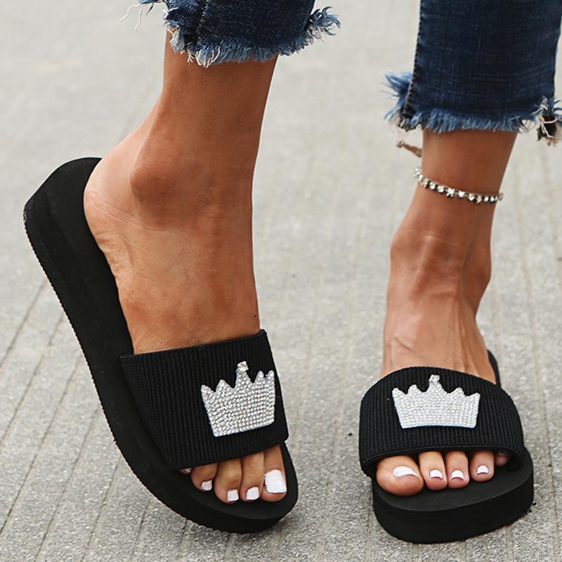 Fashion Pearl Butterfly Decor Wedge Slippers for Women Black Elastic Cloth Platform Sandals Woman Summer Comfort Non Slip Beach Slides