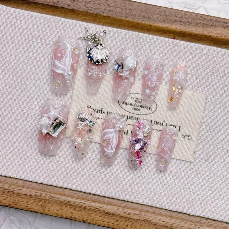 Handmade Long Press-On Nails With Pink Mermaid Tail Design Full Cover False Women Girls