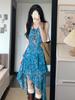 Retro Floral Spaghetti Strap A-Line Dress - Women's Summer Irregular Slimming Waist-Cinching Skirt