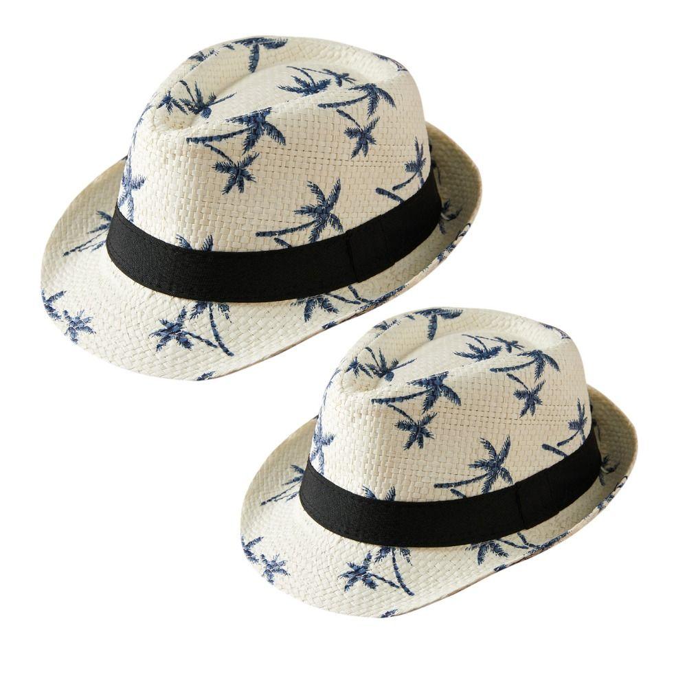 Coconut Trees Pattern Straw Hat Wide Brim Jazz Hat Summer Beach Cap Children Kids
