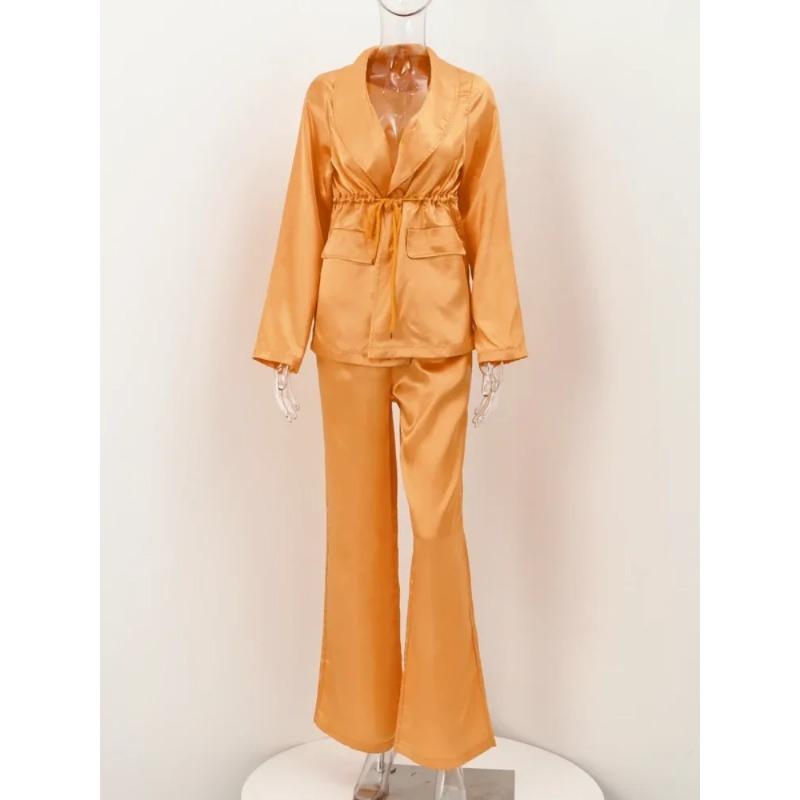 

Атласные брюки на завязках, женский костюм с длинным рукавом и карманом, блузка с широкими брюками, комплект, весенний повседневный наряд XXL оранжевый