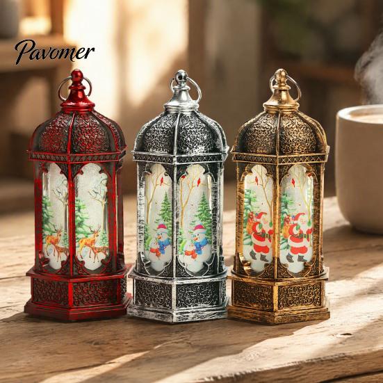 Decorative Holiday Desk Lamp Hexagon Christmas Lantern, LED Vintage Glowing Tabletop with Painted Night Light Scene, Flameless Candle for Bedroom And