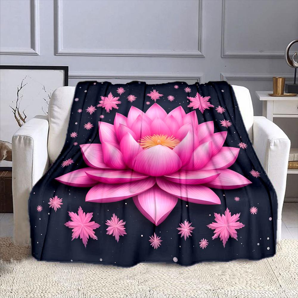 Pink Lotus Blossom On Starry Night Patterned Flannel Blanket Perfect for the Bedroom Living Room, Sofa, or a Little Nap