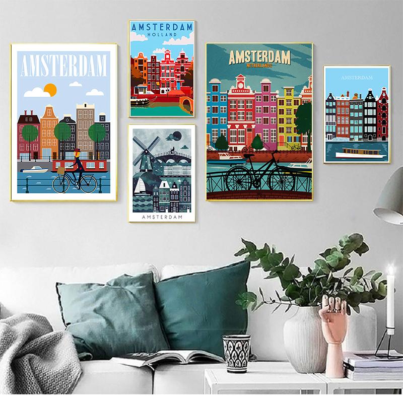 

Амстердам Нидерланды Путешествия Холст Живопись Винтажная стена Kraft Плакаты с покрытием Наклейки на стены Домашние декоративные картины Подарок Без рамки