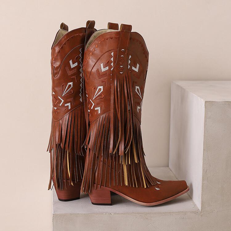 

Модные новые осенне-зимние женские ботинки, модные вышитые ковбойские джинсовые ботинки для женщин, на толстом каблуке, с кисточками, ботинки до середины икры, женская обувь 36