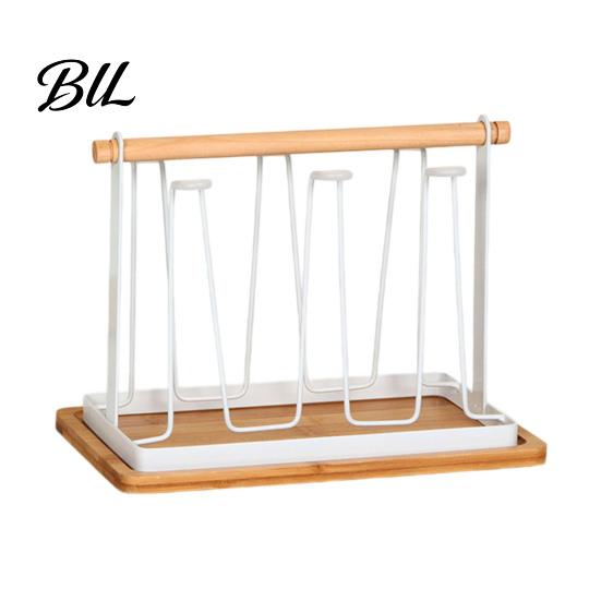 Space-saving Cup Rack Iron Drying with Wood Handle & Drip Tray Baby Bottle Hygienic Dryer Holder Space-Saving Countertop Organizer for Mugs