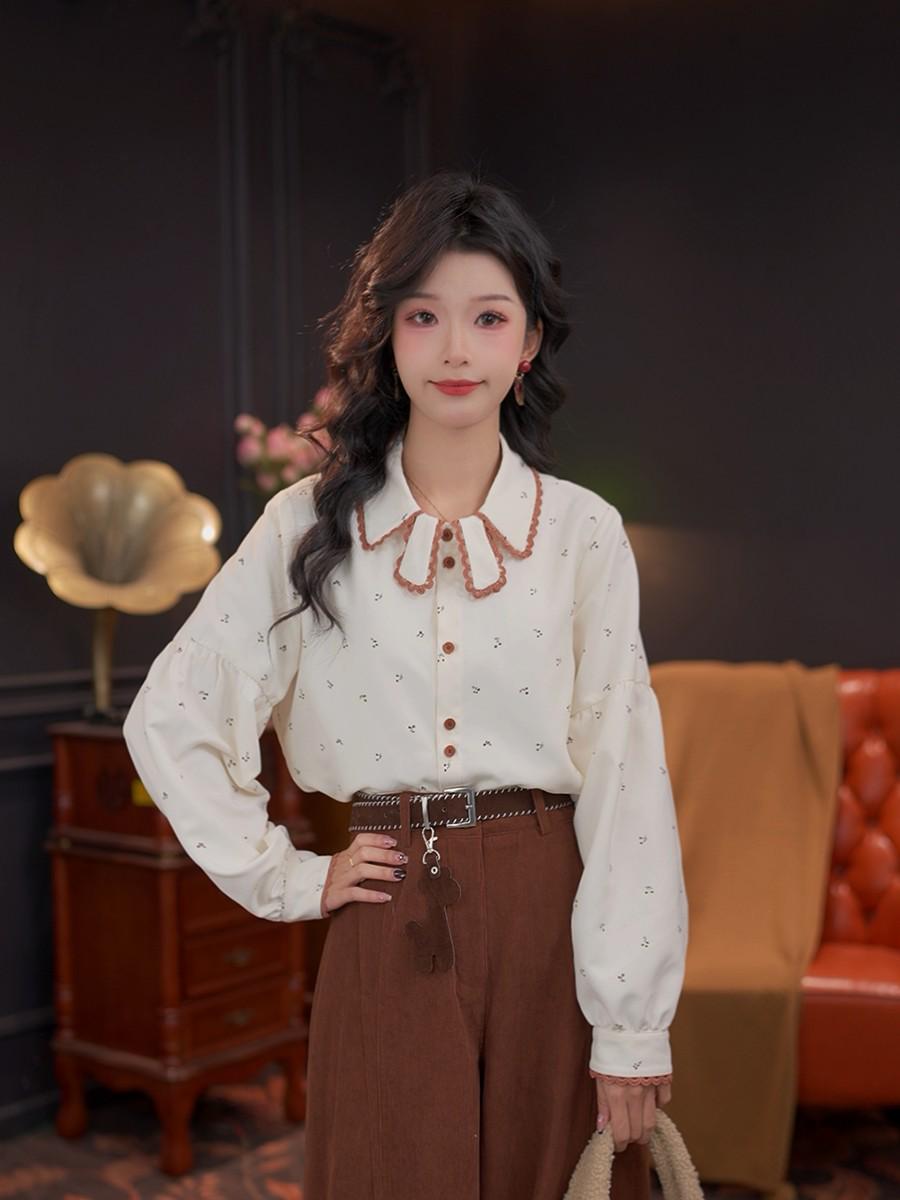 Sisi Vintage 25th Autumn/Winter Loose Fit Hong Kong Style Long Sleeve Women s Shirt #G14564 Medium