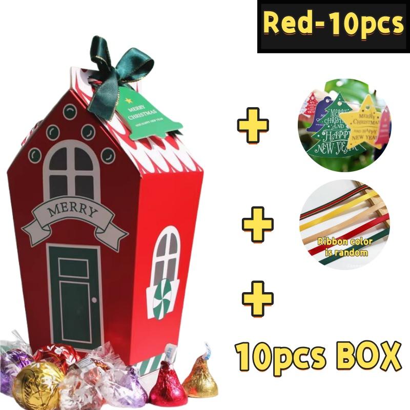 5/10Pcs Christmas Kraft Paper Gift Bags Sweets Candy Box Food Cookies Packing Xmas with Ribbons Cards Package Party Decoration