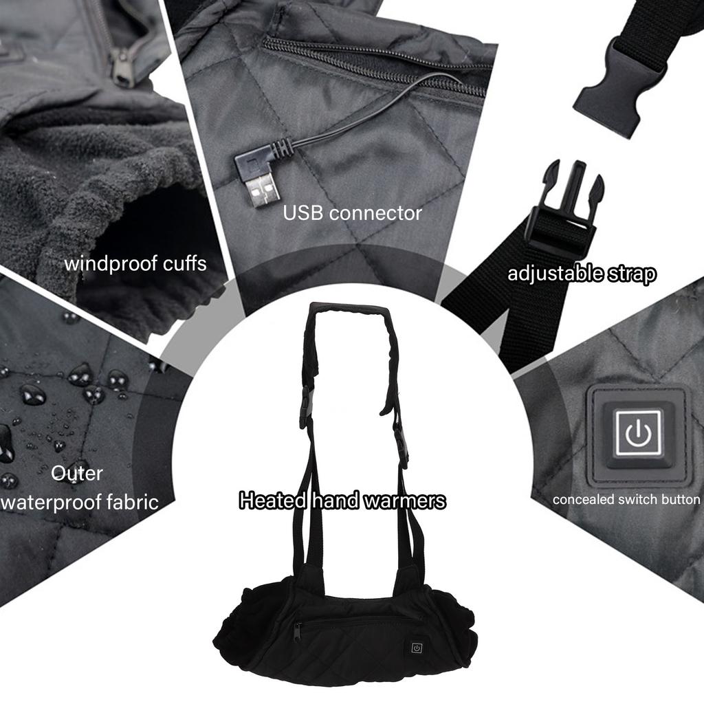 Electric Hand Warming Muff Black Both Sides Quick Heating Shoulder Strap USB Interface 3 Gears Heated Hand Pouch for Outdoor