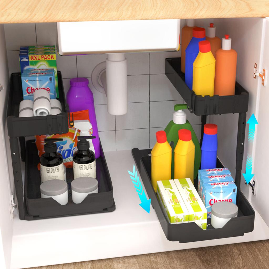 Adjustable Height Under Sink Organizers and Storage, Pull Out Cabinet Organizer 2 Tier Slide Out Shelf Under Cabinet Storage, Under Sink Organize