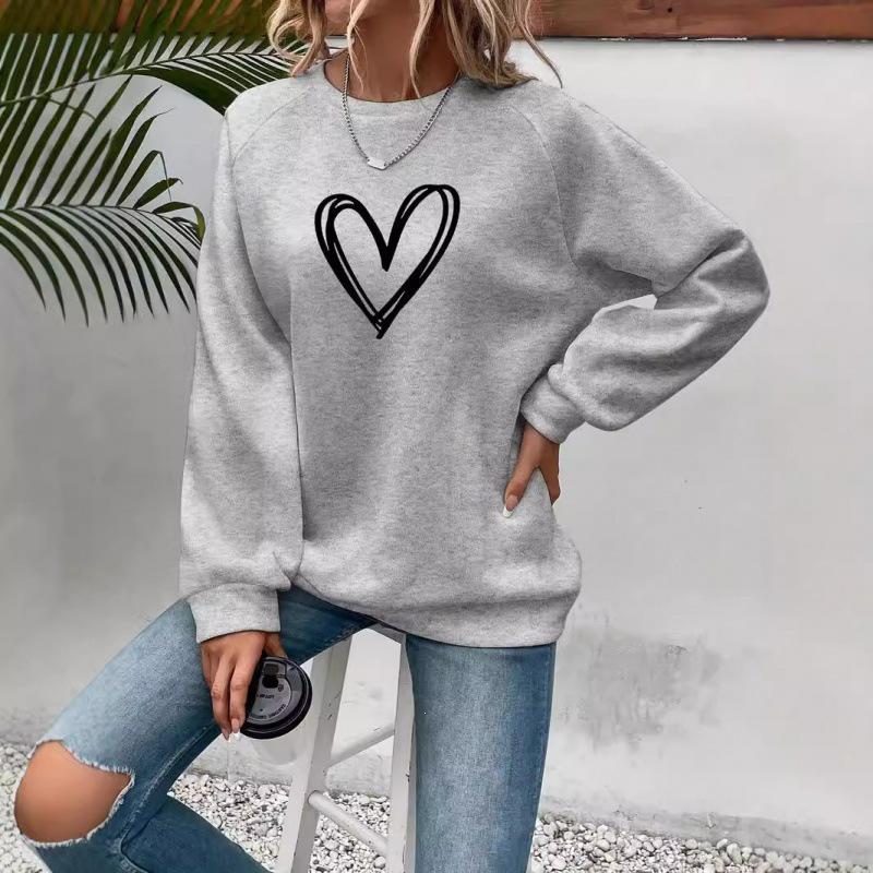 Heart Print Crew Neck Long Sleeve Fleece Sweatshirt for Women - 2025 Collection
