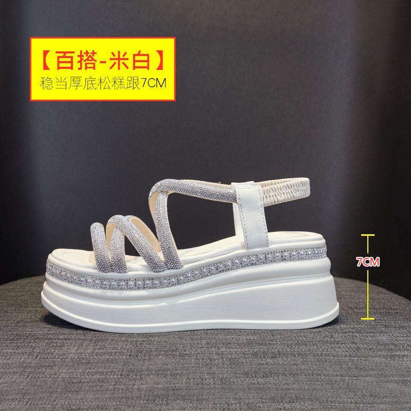 

Raising rhinestone sandals women 2025 new explosive summer wear muffin platform Internet celebrity Roman sports high heel 40
